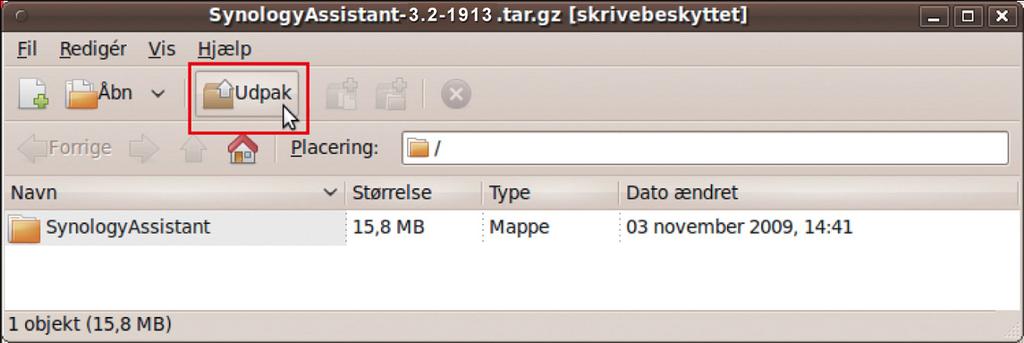 4 Klik på Udpak, og udpak så biblioteket SynologyAssistant til /usr/local eller en anden sti. 3.2-1944 Vigtigt: Hvis du bruger 64-bit Ubuntu, skal du installere 32-bit biblioteker, før du fortsætter.
