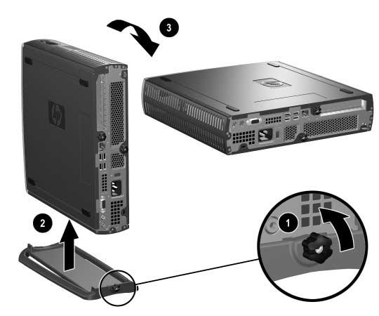 Hardwareopgraderinger 3. Hvis computeren anvendes i en minitowerkonfiguration, skal du fjerne computeren fra foden: a.