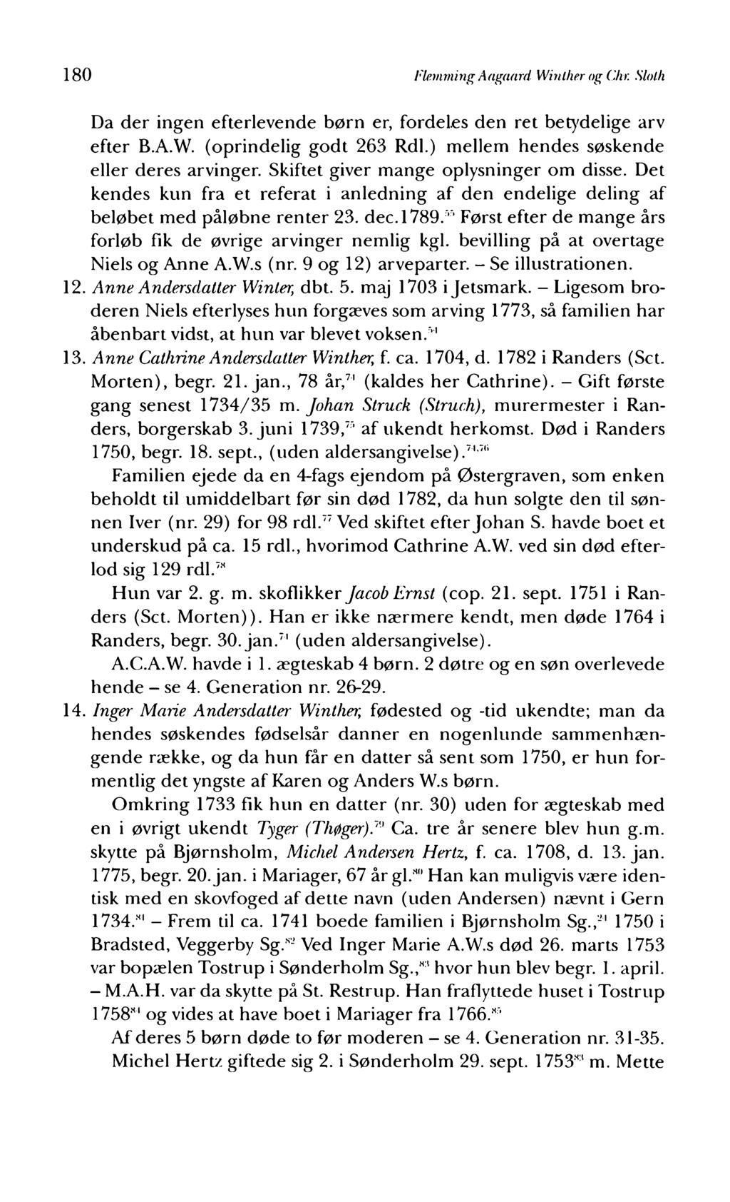 180 Flemming Aagaard Winther og Chr. Sloth Da der ingen efterlevende børn er, fordeles den ret betydelige arv efter B.A.W. (oprindelig godt 263 Rdl.) mellem hendes søskende eller deres arvinger.