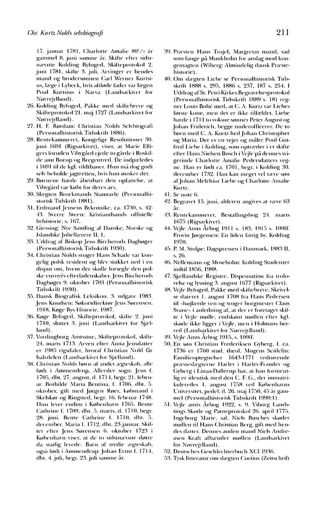 Chr. Kurtz Nolds selvbiografi 211 17. januar 1781, Charlotte Amalie KO1/*.» är gammel 8. juni samme är. Skifte efter sidstnævnte Kolding Byfoged, Skifteprotokol 2. juni 1781, skifte 3. juli.