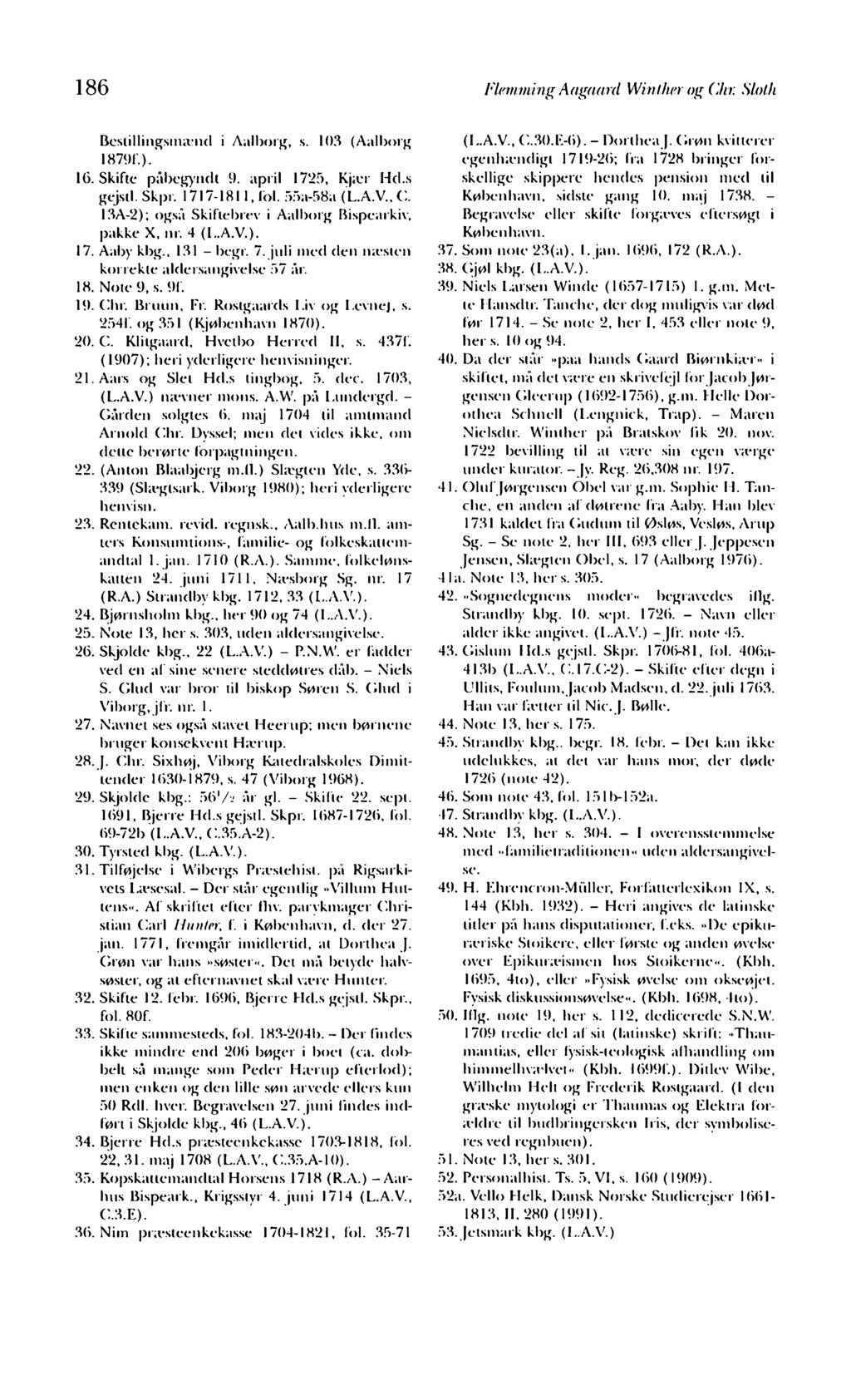 186 Flemming Aagaard Winther og Chr. Slolh Bcslillingsmænd i Aalborg, s. 103 (Aalborg 1879E). 16. Skifte påbegyndt 9. april 1725, Kjær Hd.s gejstl. Skpr. 1717-1811, fol. 55a-58a (L.A.V., C.