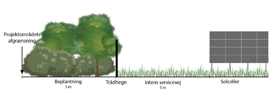 Der plantes et 3-rækket læhegn på min. 5 m bredde langs lokalplanområdets grænser, hvor der i forvejen ikke er skovbryn eller levende hegn.