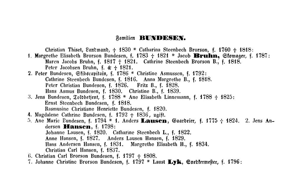Familien BUNDESEN. Christian Thiset, Landmand, 1830 Catharina Steenbech Brorson, f. 1760 1818: 1. Hargrethe Elisabeth Brorson Bundesen, f. 1783 1821 Jacob Bruikam, Skomager, f.