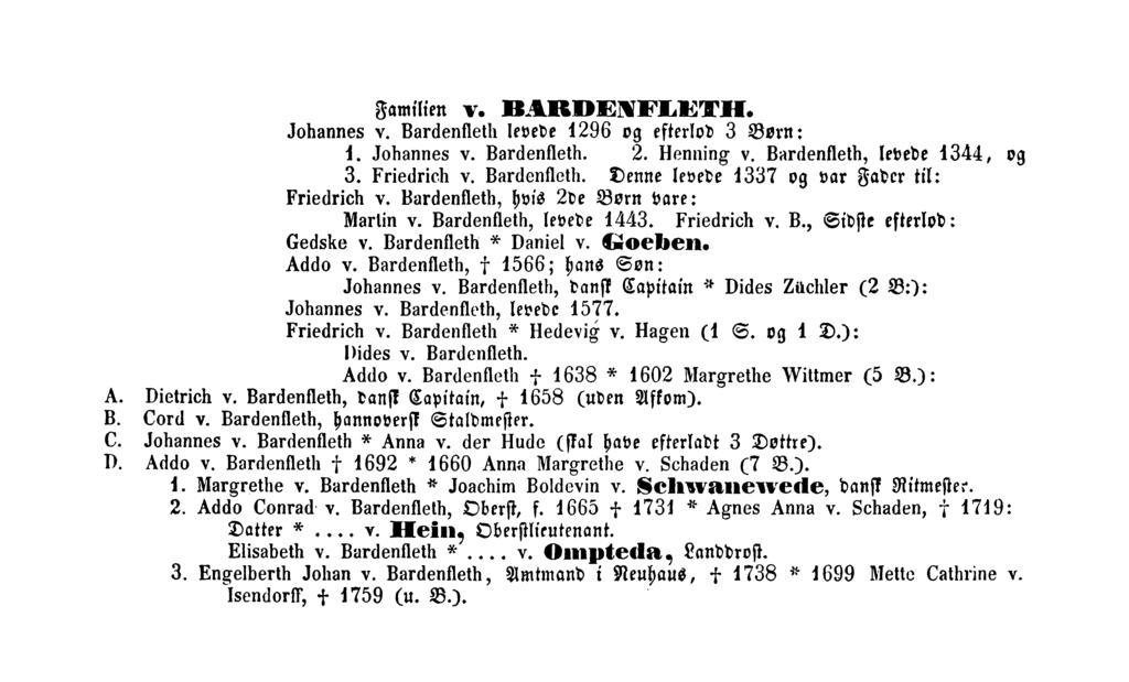 Familien v. BAEDENFLETH. Johannes v. Bardenfleth levede 1296 og efterlod 3 Børn: 1. Johannes v. Bardenfleth. 2. Henning v. Bardenfleth, levede 1344, og 3. Friedrich v. Bardenfleth. Denne levede 1337 og var Fader til: Friedrich v.