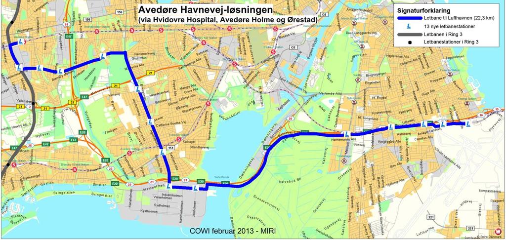 22 Linjeføring 4.2.2 Avedøre Havnevej-løsningen Linjeføringen for en letbane over Hvidovre Hospital, Avedøre Holme og Ørestad kunne være som vist på Figur 4.5.