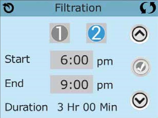 Justering af filtrering Hovedfiltrering Ved hjælp af den samme justering som Indstilling af klokkeslæt angives Filtercyklusser ved hjælp af et starttidspunkt og en varighed.