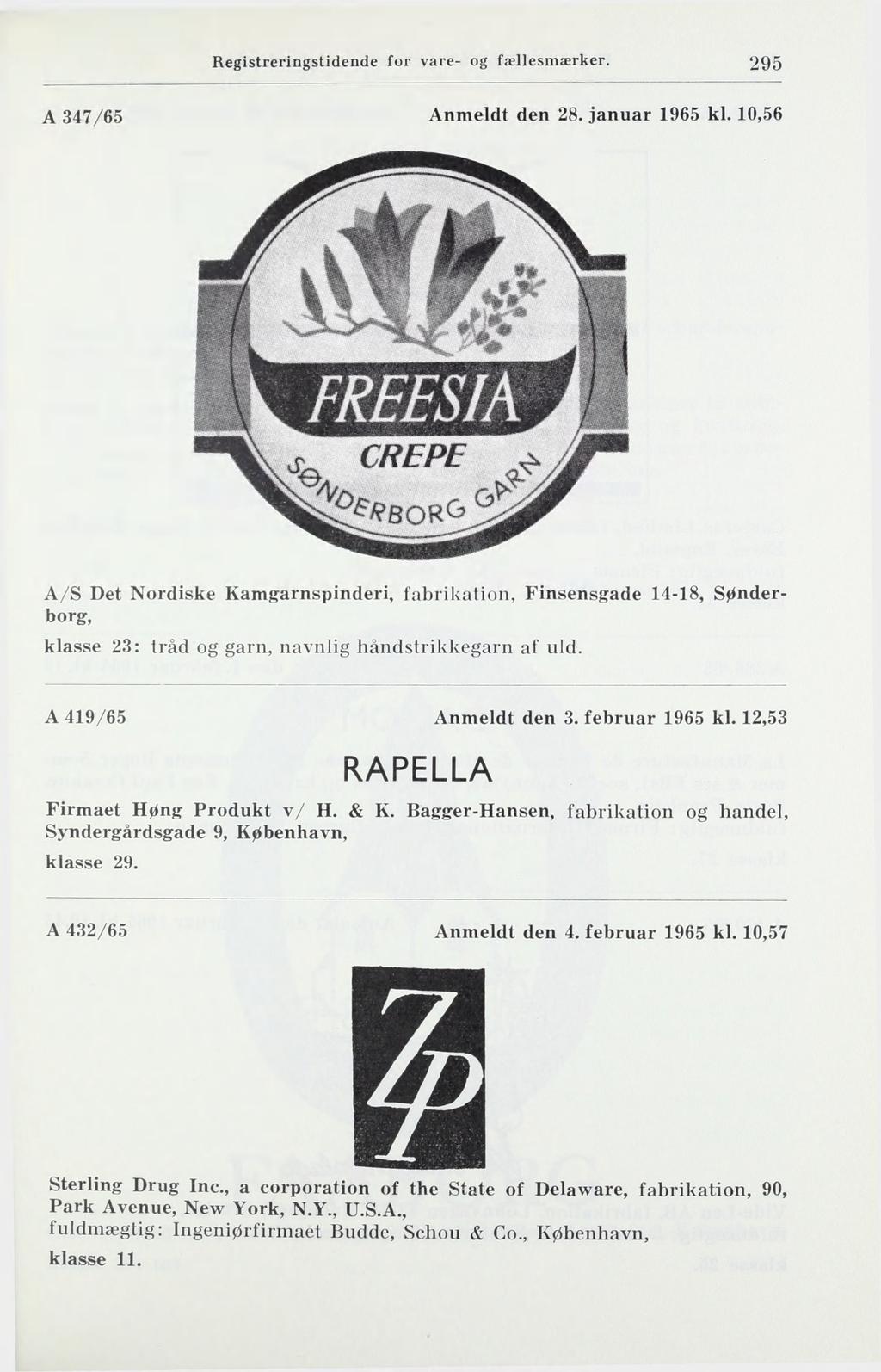 Registreringstidende for vare- og fællesmærker. 295 A 347/65 Anmeldt den 28. januar 1965 kl.