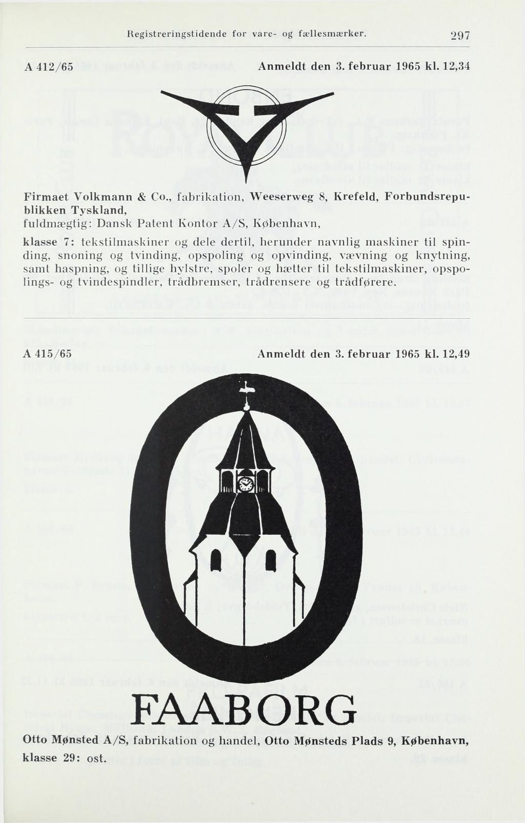 Registreringstidende for vare- og fællesmærker. 297 A 412/65 Anmeldt den 3. februar 1965 kl. 12,34 Firmaet Volkmann & Co.