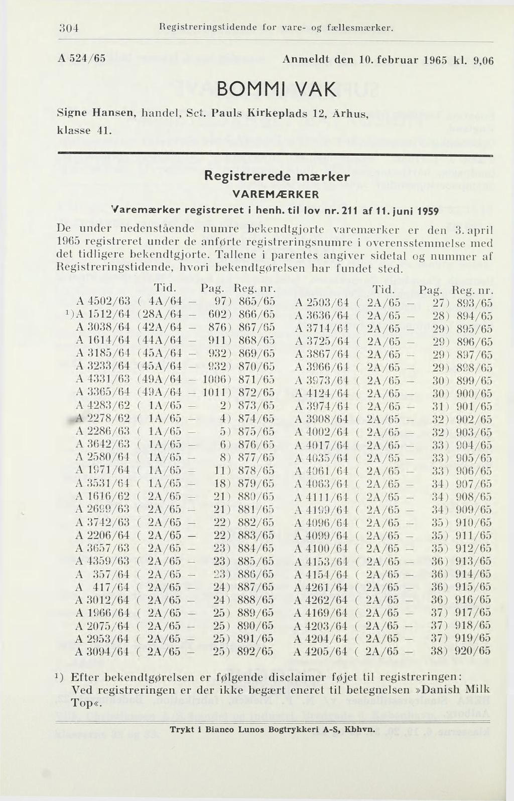 304 A 524/65 Anmeldt den 10. februar 1965 kl. 9,06 BOMMI VAK Sig:ne Hansen, handel, Set. Pauls Kirkeplads 12, Århus, klasse 41. Registrerede mærker VAREMÆRKER Varemærker registreret i henh.