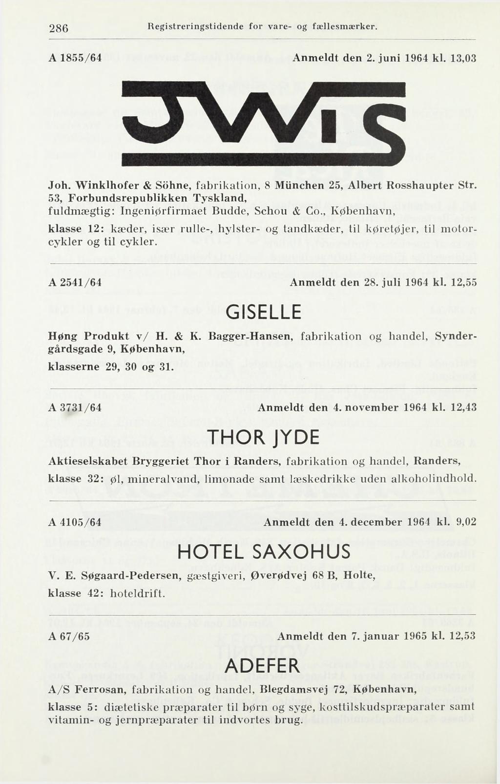 236 Registreringstidende for vare- og fællesmærker. A 1855/64 Anmeldt den 2. juni 1964 kl. 13,03 Joh. Winklhofer & Sohne, fabrikation, 8 Miinchen 25, Albert Rosshaupter Str.