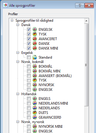 Alle sprogprofiler 53 Hvis du bruger en dansk sprogversion, kan du se profilerne til dansk er valgt. Du kan slå profiler fra en anden sprogversion til.