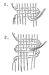 Sæt en nål i midten og fjern snoningerne fra begge par. Bind et råbåndsknob om nålen med de midterste 2 Fig. 47 c. tråde, og læg dem væk. 2. Sno de 2 resterende tråde, og fortsæt kniplingen.