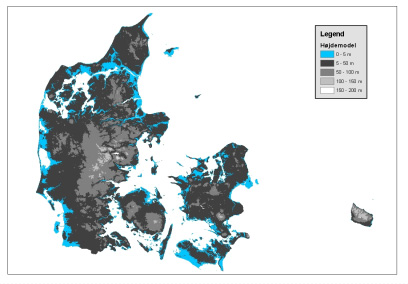 Fig.8 Danmarkskort med angivelse af områder beliggende under kote 5 blå områder (øverst), samt placering
