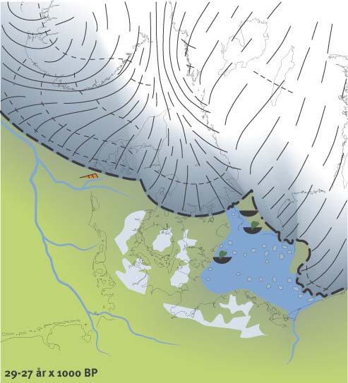 Sejerø-Møn Interstadialet Efter den første baltiske isstrøm indtraf en længere periode for 45.000 til 30.000 år siden, hvor Danmark var stort set isfrit, og hvor klimaet var forholdsvis mildt.