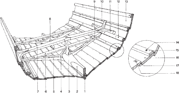 Tegning af Skuldelev 3, der viser, hvordan plankerne på et klinkbygget skib overlapper hinanden og sidder sammen ved hjælp af jernnagler med klinkplader 1: køl 2: kølsvin 3: mastespor 4: kølsvins -