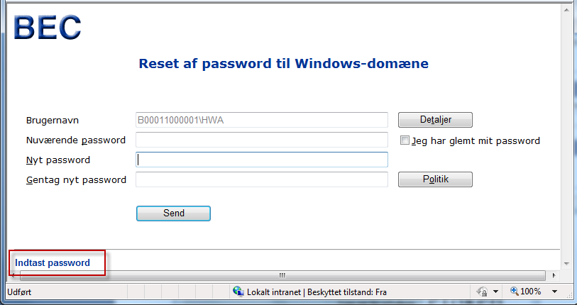 Nulstil Windows password I tilfælde af problemer henvises desuden til besked nederst i venstre hjørne af vinduet