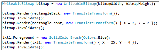 Måden, hvorpå dette laves i C#, er som sagt vha. WriteableBitmap klassen. Denne klasse giver mulighed for at kombinere UI elementer til et billede, der har de ønskede dimensioner, dvs.