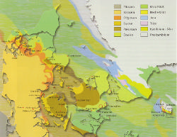 10 Et kort over Danmark viser lokaliteter og områder hvor de geologiske perioder er repræsenteret.
