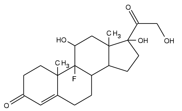 b) Tegn formlen for et sandsynligt reaktionsprodukt ved reaktion af fludrocortison med natriumborhydrid.