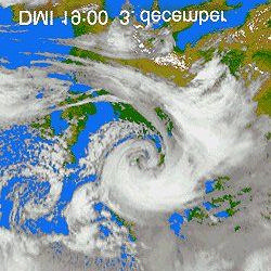 Satellitbillede af århundredets orkan over Danmark den 3. december 1999 (DMI). Den 3. december 1999 blev Danmark ramt af den kraftigste orkan nogensinde.