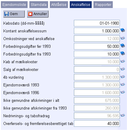 38 Beregninger Anskaffelse Et eksempel på, hvorledes oplysninger indtastes under fanen Anskaffelse er vist nedenfor: Købsdato Købsdato indtastes på formen dd-mm-åååå. Eksempelvis 01-01-1980.