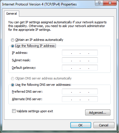 4. Klik på Internet Protokol Version 4 (TCP/ IPv4) og derefter på Egenskaber. 5. Vælg Brug den følgende IP-adresse. 6. Indtast IP-adresse, Subnet mask og standard-adgangspunkt. 7.
