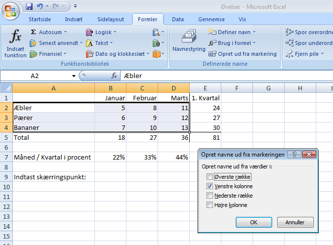 Excel 2007 - Grundkursus Øvelse 12 Figur 81 Opret ud fra markering Accepter markeringen Venstre kolonne som betyder at de markerede tal nu bliver navngivet med de tekster som står i den venstre