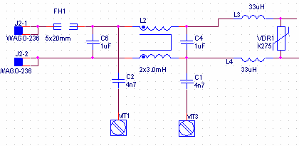 Ved at placere Y kondensator på den måde som er vist på figur bliver lavfrekvens støj højere.