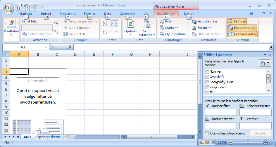 Der vises nu en boks hvorfra der kan vælges felter til områderne i MS Excel arket.