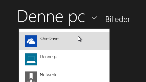 Når du flytter filer, fjerner du dem fra din pc og tilføjer dem i OneDrive. Tryk eller klik på pilen ud for OneDrive, og vælg Denne pc.