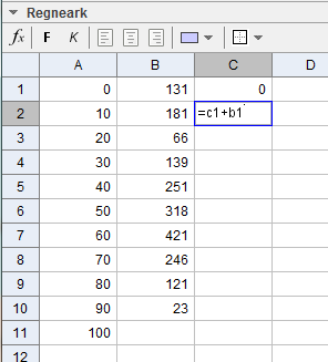 Grupperede observationer 3 Sumkurve Sumkurven fremkommer ved at udvide tabellen med et par ekstra kolonner. Start med at skrive tallet 0 i celle C1.