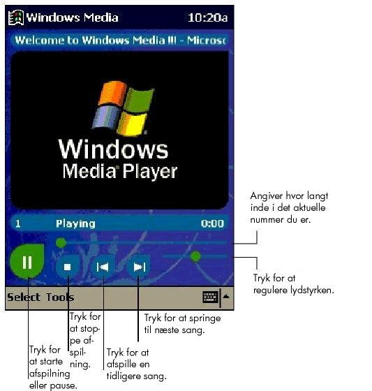 126 Brugervejledning til hp Jornada personal digital assistant i 560-serien Microsoft Windows Media Player Anvend Microsoft Windows Media Player til håndholdte pc'er til at lytte til digitale lyd- og