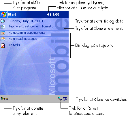 Kapitel 3 Oversigt over Microsoft Windows til håndholdte pc'er 27 Skærmen Today Når du tænder for din hp Jornada for første gang hver dag (eller efter fire timers