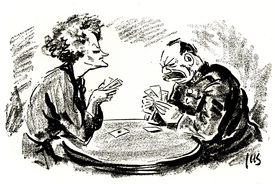 16 MAGASINET SCENELIV Bodil Ipsen som Alice og Poul Reumert som Edgar i "Dødsdansen", Det Kongelige Teater, 1937. Tegnet af Herluf Jensenius til Berlingske Tidende.