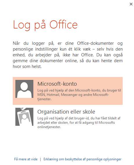 Logge på Office Log på Microsoft Office for at komme i gang med at gemme, dele og lagre filer i skyen.