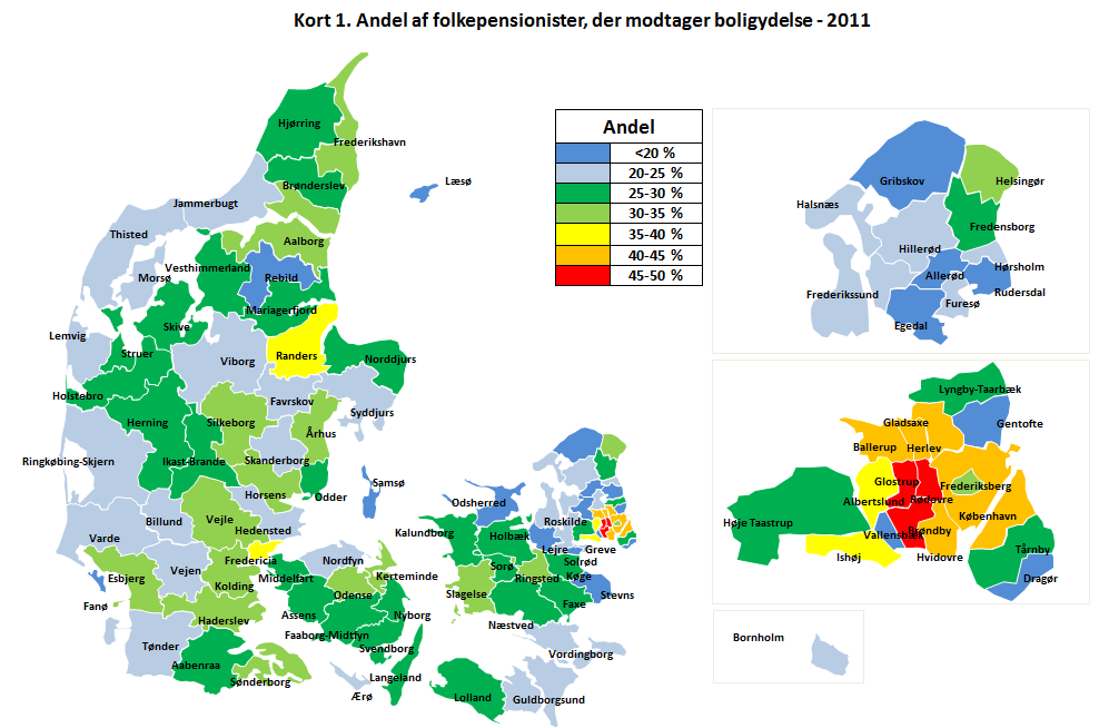 Mørk og lys grøn markerer kommuner, hvor andelen som modtager boligydelse ligger omkring gennemsnittet på 29%