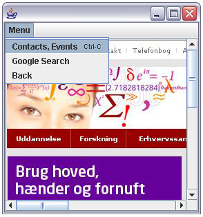 Figur 16: DTU's hjemmeside set på lille skærm Figur 17: Contacts og events findes i menuen Når man trykker på linket for at komme ind på siden, gives kort på første screenshot et billede af hvor