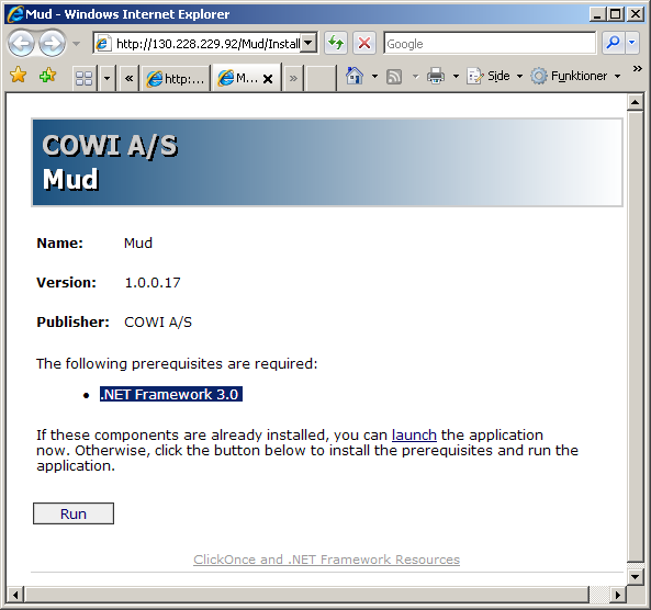 Siden hvor I starter MUD på launch evt. installerer nødvendigt.net Framework 3.