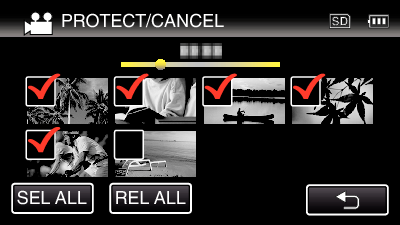 Redigering Beskytte/udløse beskyttelse af valgte filer Beskytter og fjerner beskyttelse på valgte filer 1 Åbn LCD-skærmen 0 <Grupperede filer> 0 Tryk på A eller B for at vælge video- eller