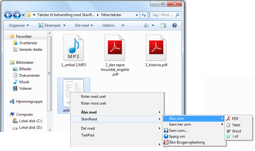 Sådan bruges SkanRead i højre-klik-menu Højre-klik på en billede-fil eller en pdf-fil på computeren for at lave filen om til et tilgængeligt tekstformat eller lyd.