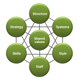 Strategy: Strategi der er valgt til at skabe konkurrenceevne. Structure: Organisationens struktur. Systems: Procedurerne der får virksomheden til at arbejde og fungere. Style: Ledelsesstil.