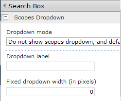 Søgeresultatside (2/9) Search Box Web Part Scopes Dropdown Tilføj/fjern scopes (fjern anbefales) Tilføj/fjern label på scopes dropdown Definer bredde på dropdown boks Query Text Box Tilføj/fjern