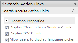 Søgeresultatside (5/9) Search Action Links Web Part Location Properties Vis ikon for Search from Windows link (giver adgang til søgning via stifinder) Vis RSS link få søgeresultat som RSS Display