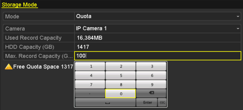 12.4 Konfiguration af kvotemodus Formål: Hvert kamera kan konfigureres med allokeret kvote til lagring af optagelsesfiler. 1. Gåtil grænsefladen Storage Mode [Lagringsmodus].