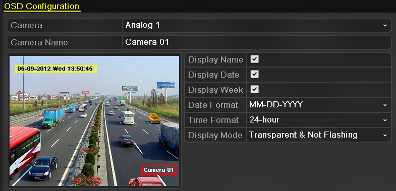 13.1 Konfiguration af OSD-indstillinger Formål: Du kan konfigurere indstillinger for OSD (On-screen Display - visning på skærmen) for kameraet, herunder dato/tidspunkt, kameranavn osv. 1.