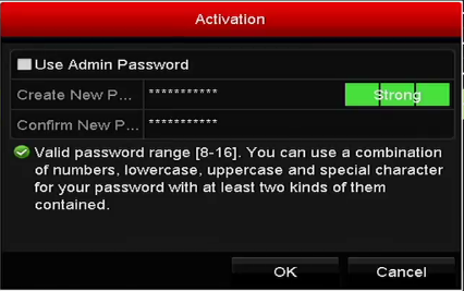 Brug admin.adgangskode: Når du markerer afkrydsningsfeltet Use Admin Password, konfigureres kameraet eller kameraerne med samme administratoradgangskode, som bruges til den NVR, der betjenes.