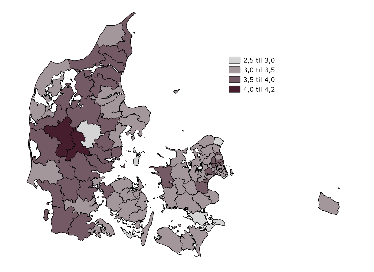 Figur 1: Kommunernes erhversvenlighed ifølge virksomhederne, 2013 Anm.: Kortet viser virksomhedslederes tilfredshed med kommunens tiltag for erhvervsvilkårene generelt.