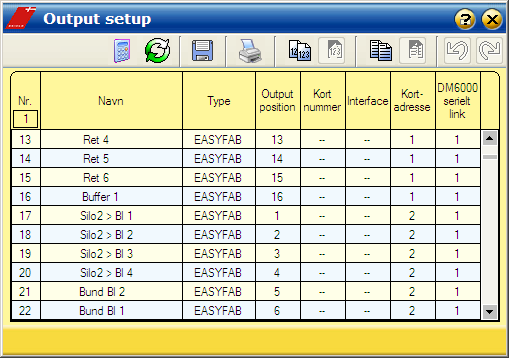 11. Setup - Output setup Her defineres og navngives alle udgange der er monteret til indvejning pumper strenge og lignende. Angiv Type til EASYFAB for alle 16 udgange.