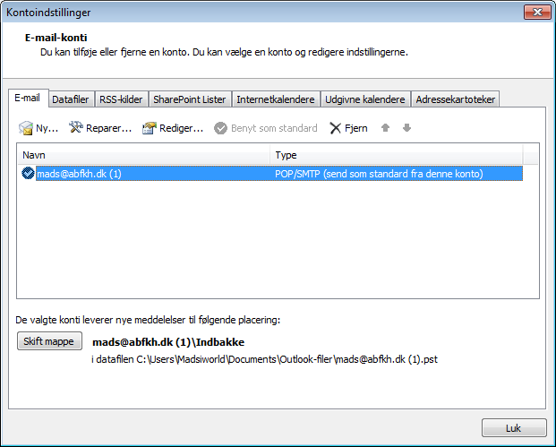 Tilpas eksisterende mail konto i Microsoft Outlook 2010 Klik på Filer vælg Oplysninger klik