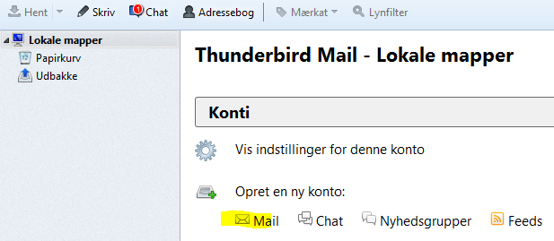 Tryk Afslut Thunderbird starter nu op Tryk på Mail under feltet Opret en ny konto Fjern